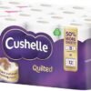 Cushelle Quilted 3-Ply Double Size 50% Longer Soft Absorbent Rolls 32 Pack – 236 Sheets p/roll & HOT Logo Sticker – Sold by HOUSE OF TAPES