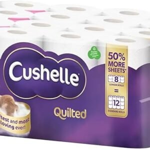 Cushelle Quilted 3-Ply Double Size 50% Longer Soft Absorbent Rolls 32 Pack – 236 Sheets p/roll & HOT Logo Sticker – Sold by HOUSE OF TAPES
